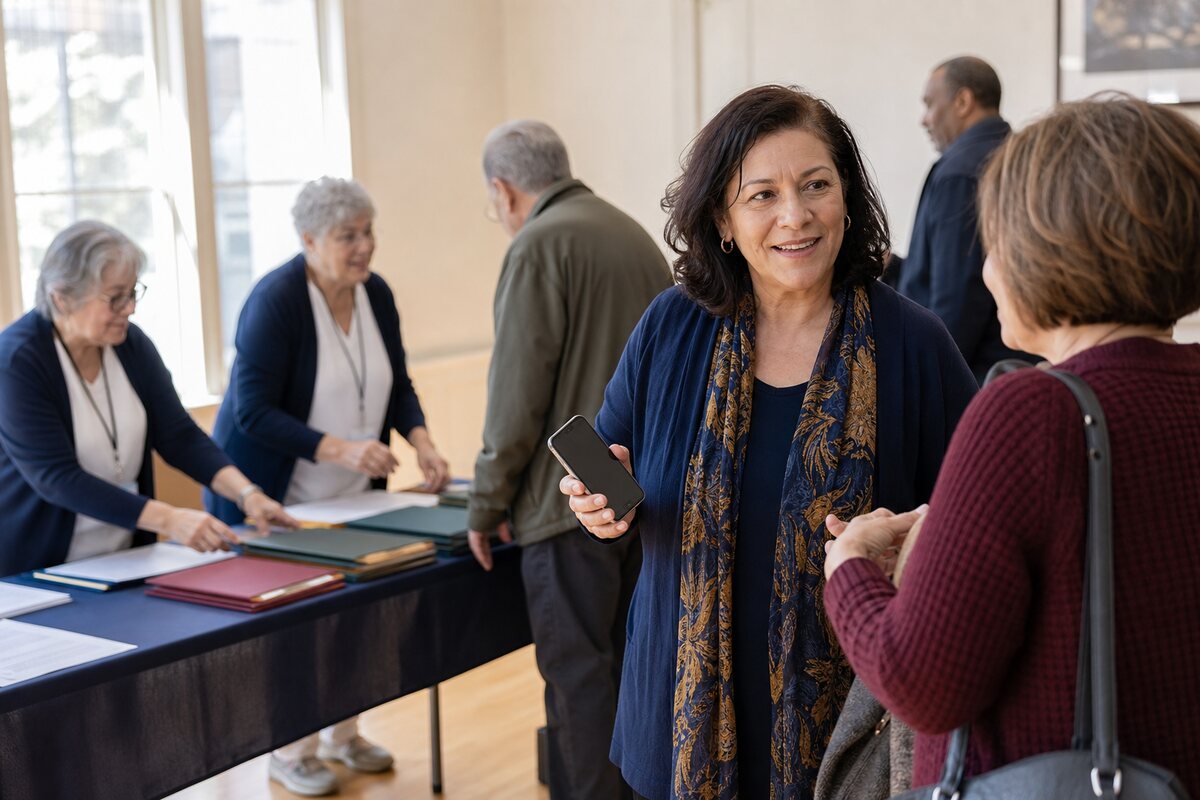 A Commoner talking with another participant while volunteers prepare materials at a community gathering