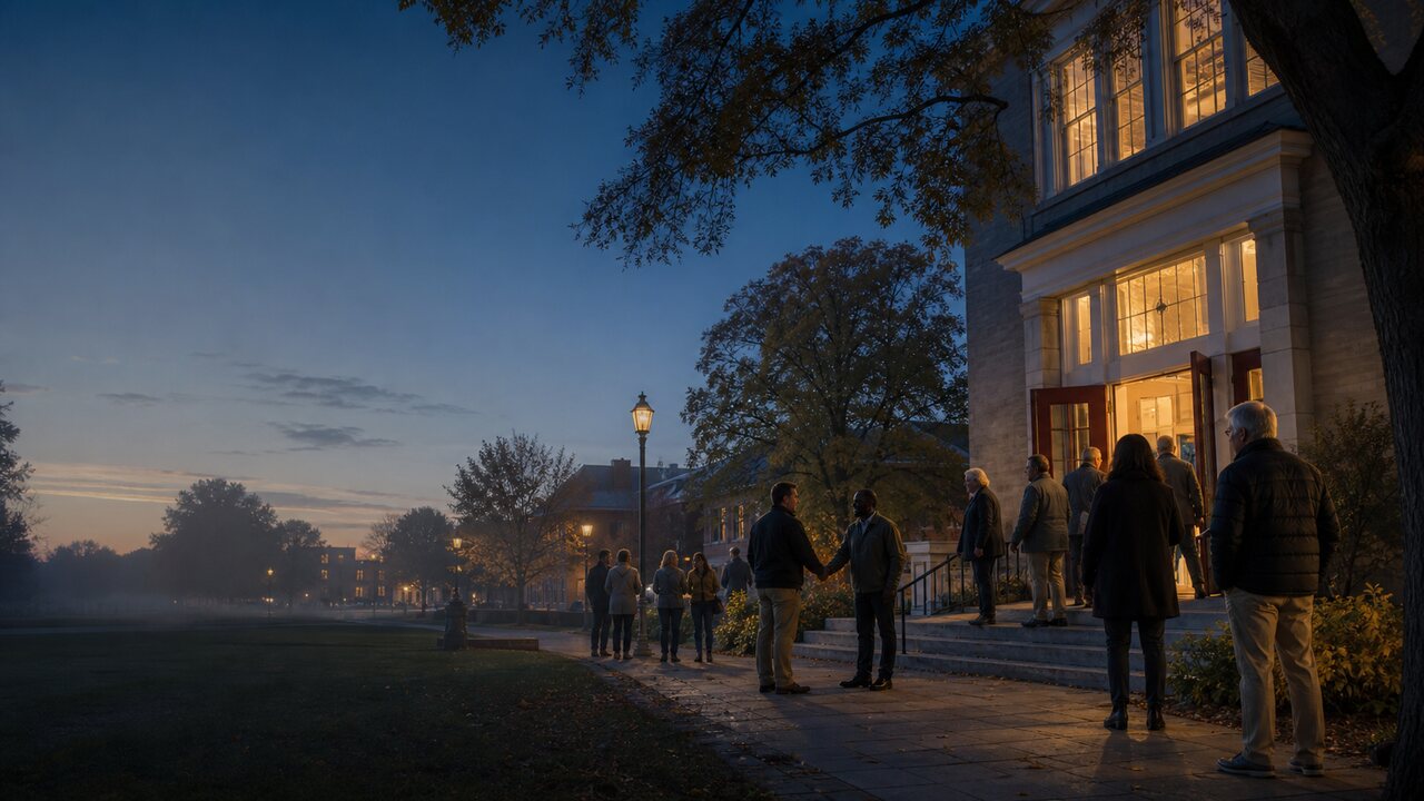 Citizens arriving at a community meeting place at dawn
