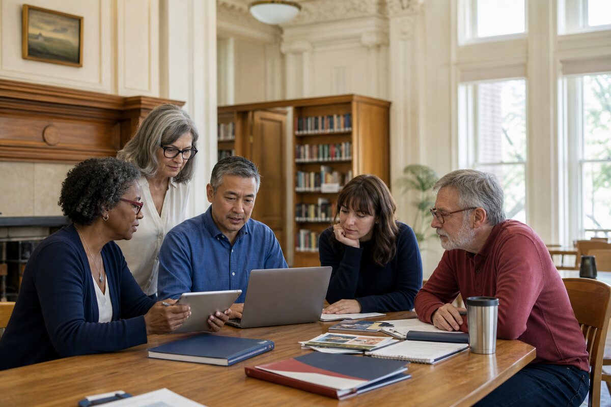 A small civic organization team working together around a library table