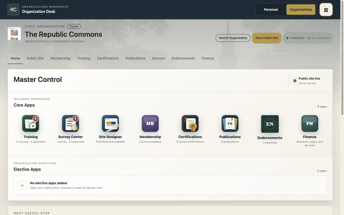 Sanitized Republic Commons Organization Master Control interface
