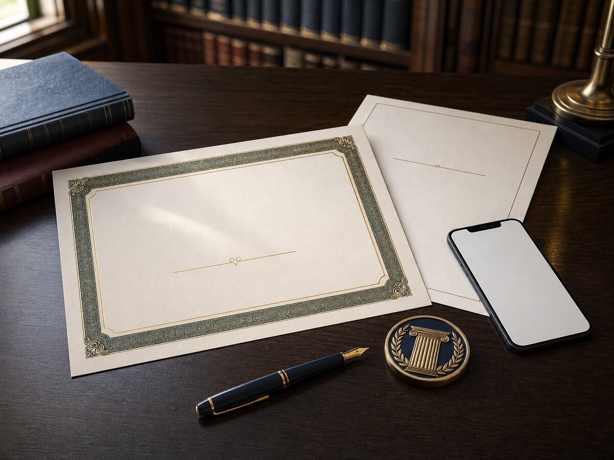 A certificate, endorsement letter, phone, pen, and medallion on a desk